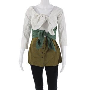 Isa Arfen Womens Cotton Striped Colorblocked Waist Tie Blouse Multicolor Size 8